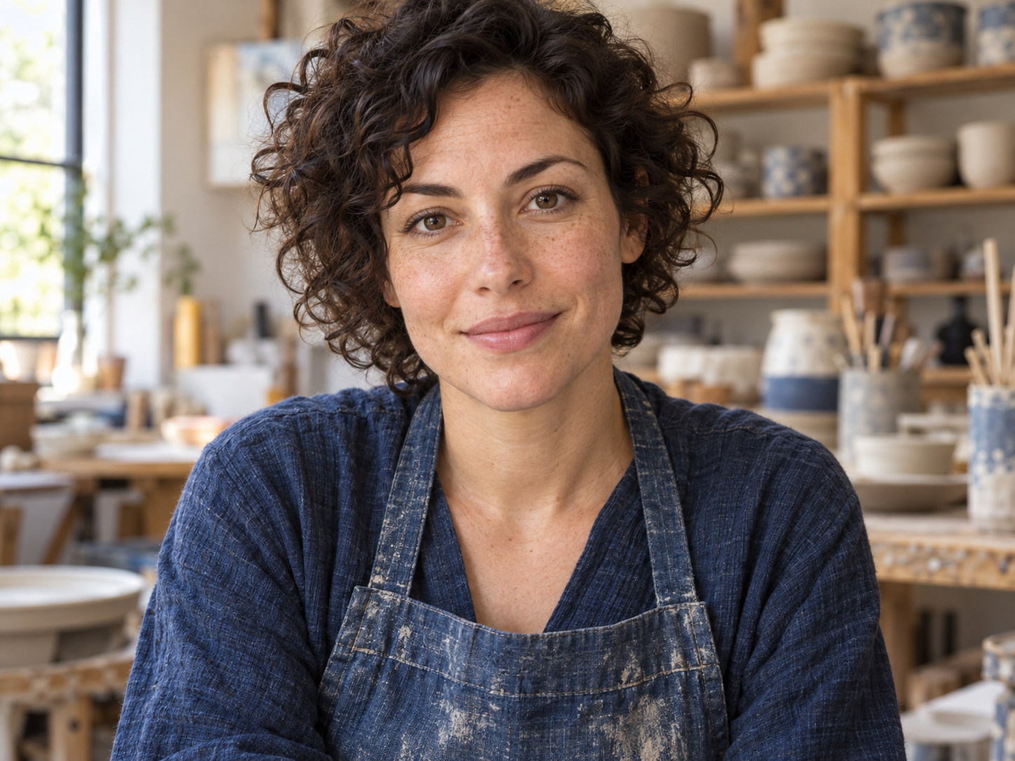 Sharp AI-created reference portrait of the same ceramic artist