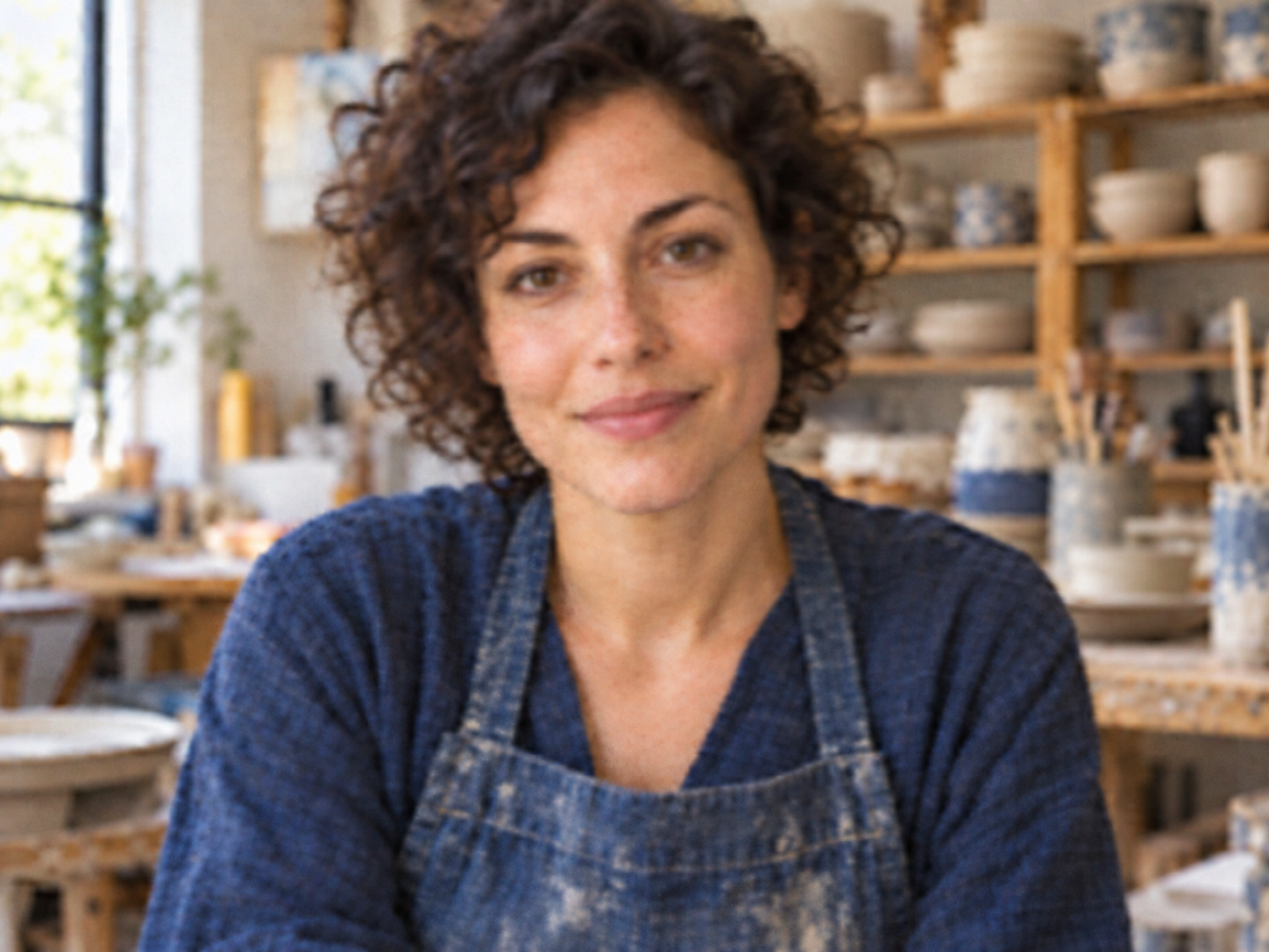 Intentionally softened portrait of a ceramic artist in a pottery studio