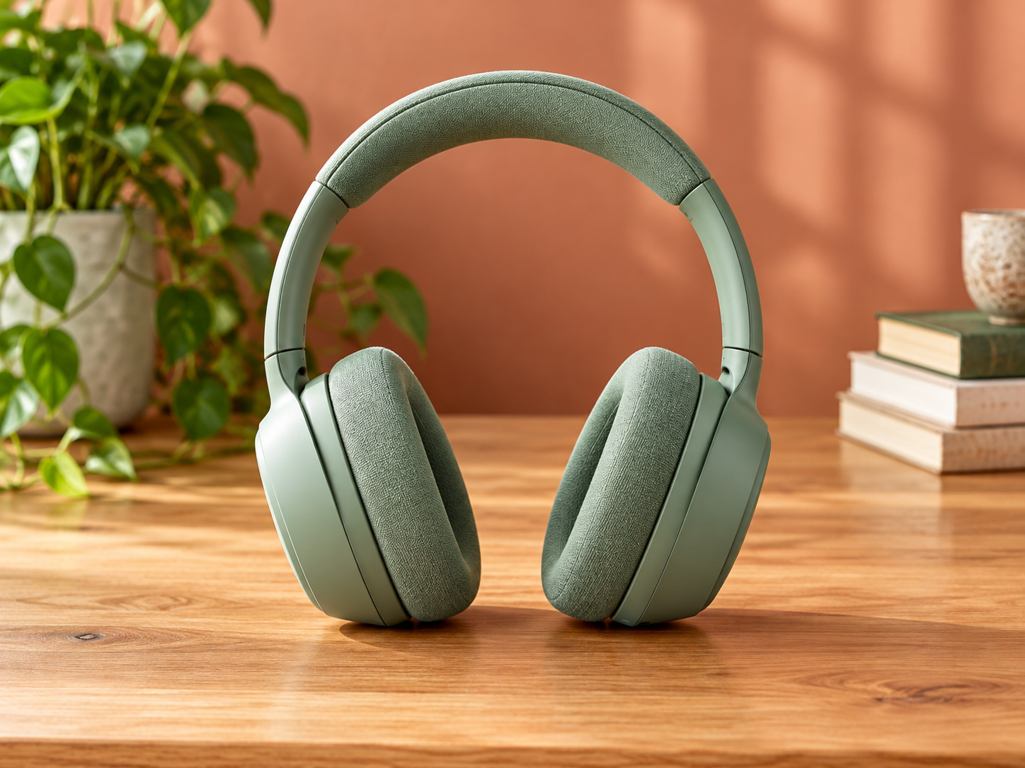 Sage green headphones on a wooden desk in a home studio